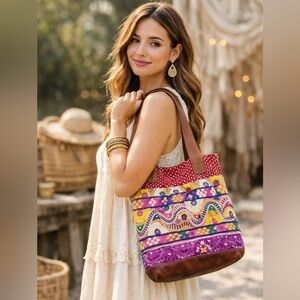 Colorful Boho Embroidered Patchwork Tote Bag w/ Leather Handles